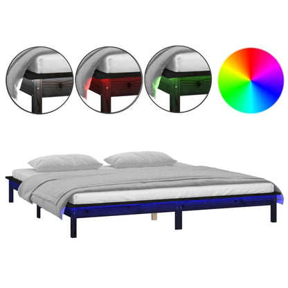 Solid Wood LED Bed Frame, Black, 200x200 cm - No Mattress Included