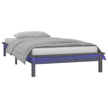 Grey LED Bed Frame, Solid Wood, Small Single 75x190 cm, No Mattress