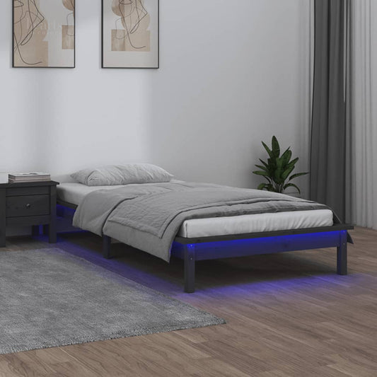 Grey LED Bed Frame, Solid Wood, Small Single 75x190 cm, No Mattress