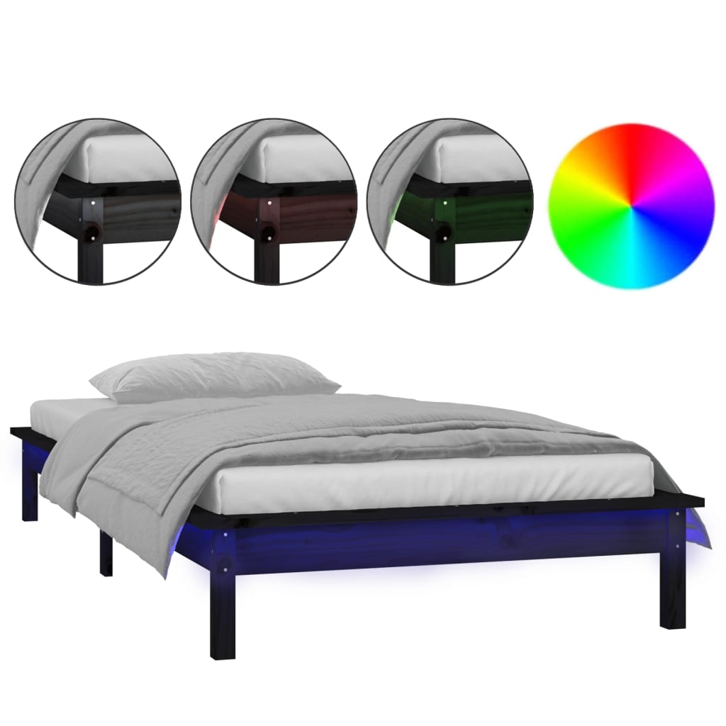 Black Solid Wood LED Bed Frame 75x190 cm - Small Single