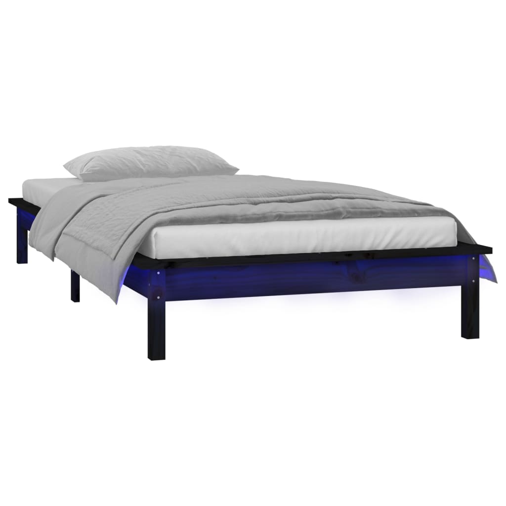 Black Solid Wood LED Bed Frame 75x190 cm - Small Single