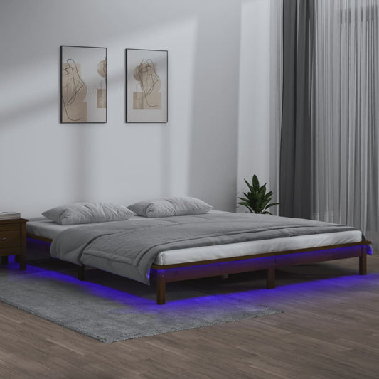Honey Brown Solid Wood LED Bed Frame 120x190cm - No Mattress