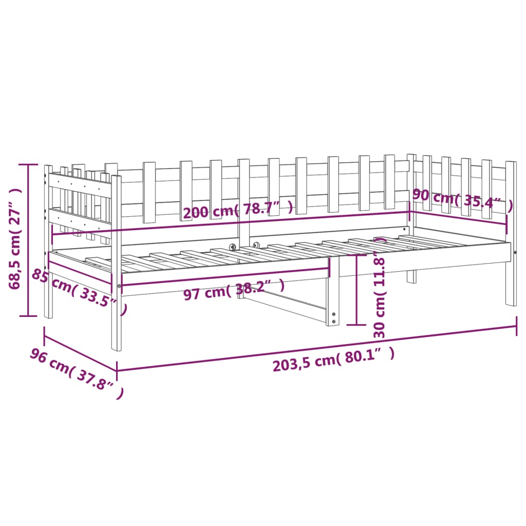 Solid Pine Grey Day Bed 90x200 cm - No Mattress Included