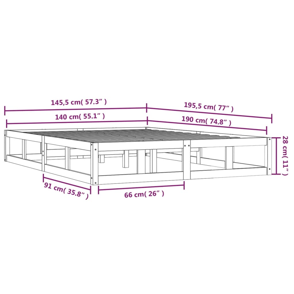 Solid Wood Black Bed Frame 140x190 cm - No Mattress Included