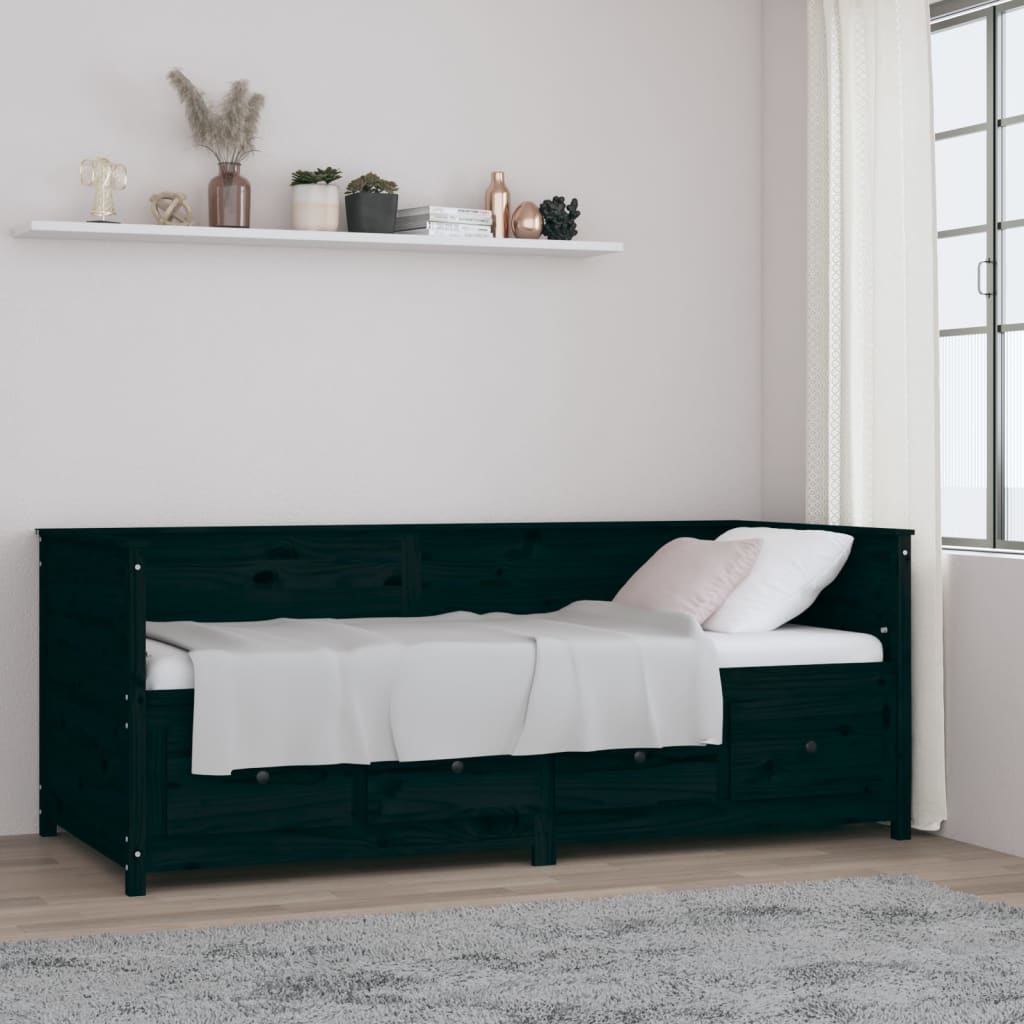 Solid Pine Day Bed Frame Black 90x200 cm - No Mattress Included