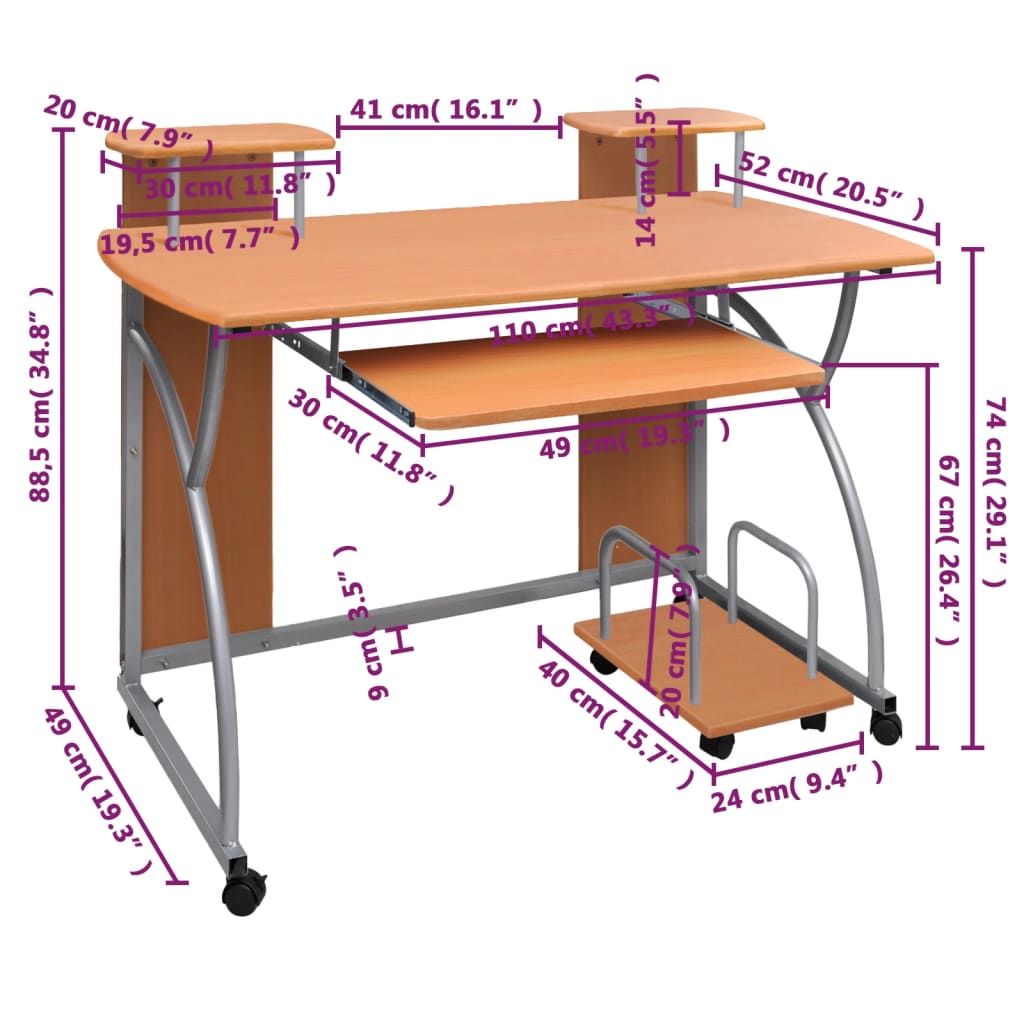 Brown Engineered Wood Computer Desk - 110x52x88.5 cm