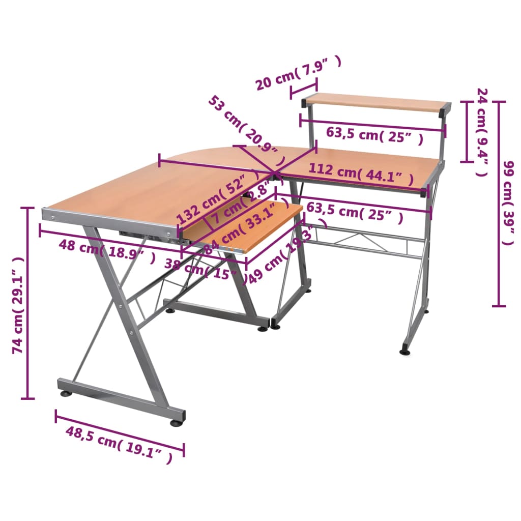 Stylish Brown Engineered Wood Corner Computer Desk 132x112x99 cm