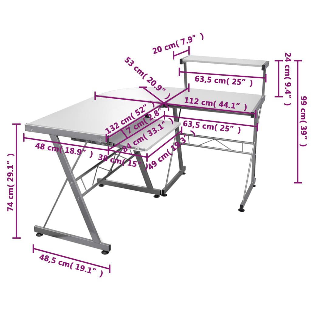 Modern White Engineered Wood Corner Computer Desk 132x112x99 cm
