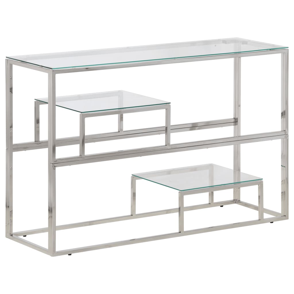 Sleek Console Table: Silver Stainless Steel & Tempered Glass