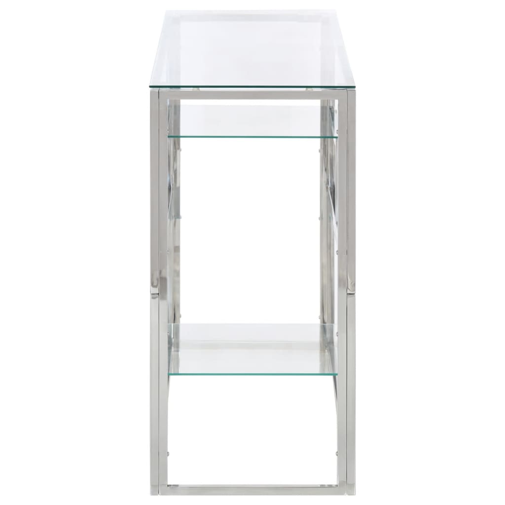 Sleek Console Table: Silver Stainless Steel & Tempered Glass