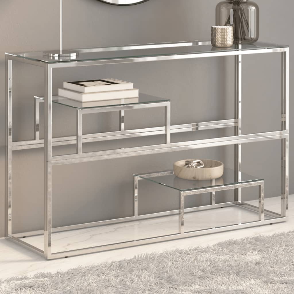 Sleek Console Table: Silver Stainless Steel & Tempered Glass