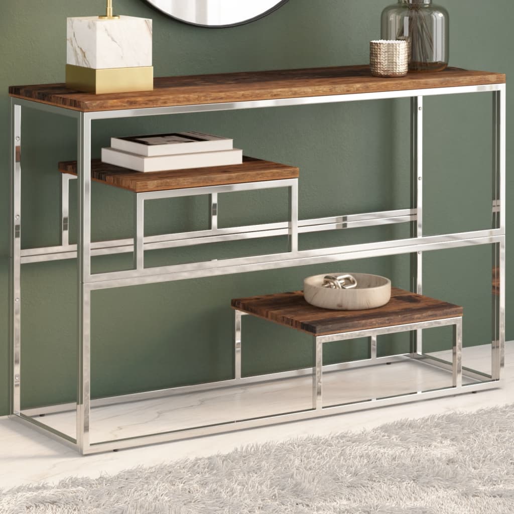 Silver Stainless Steel & Solid Sleeper Wood Console Table