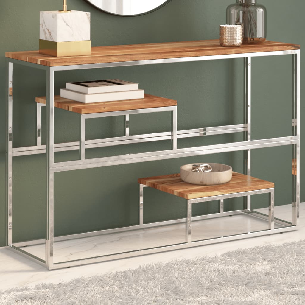 Silver Stainless Steel & Acacia Wood Console Table - Modern Elegance