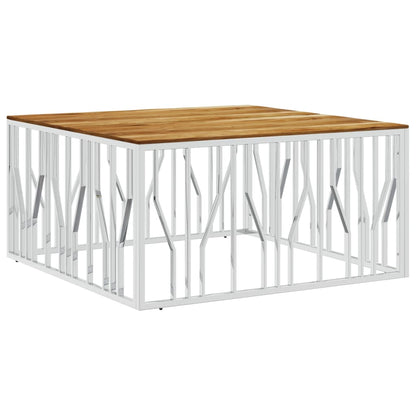 Coffee Table Silver Stainless Steel and Solid Wood Acacia