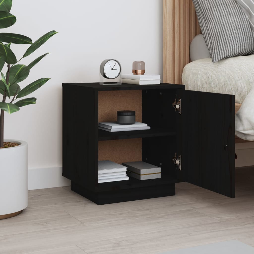 Solid Wood Pine Bedside Cabinet - Black, 40x34x45 cm