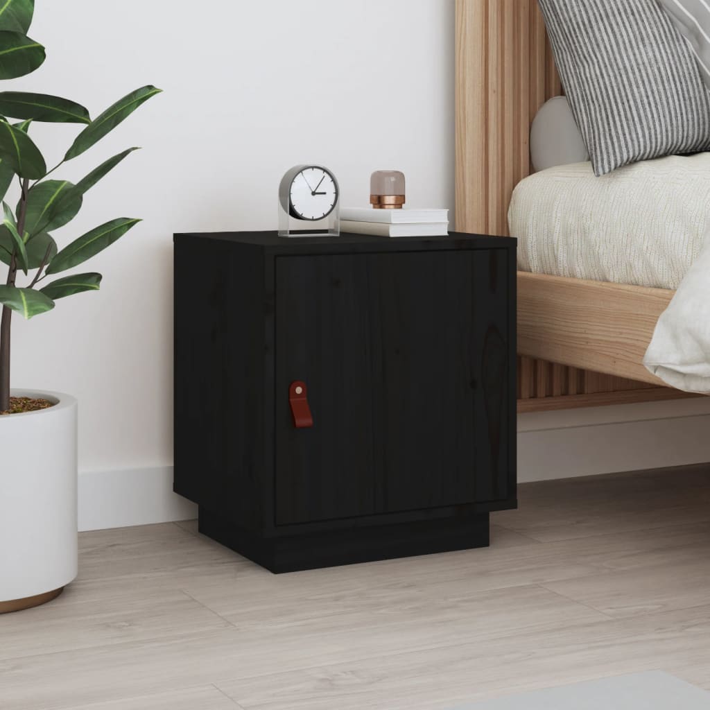 Solid Wood Pine Bedside Cabinet - Black, 40x34x45 cm