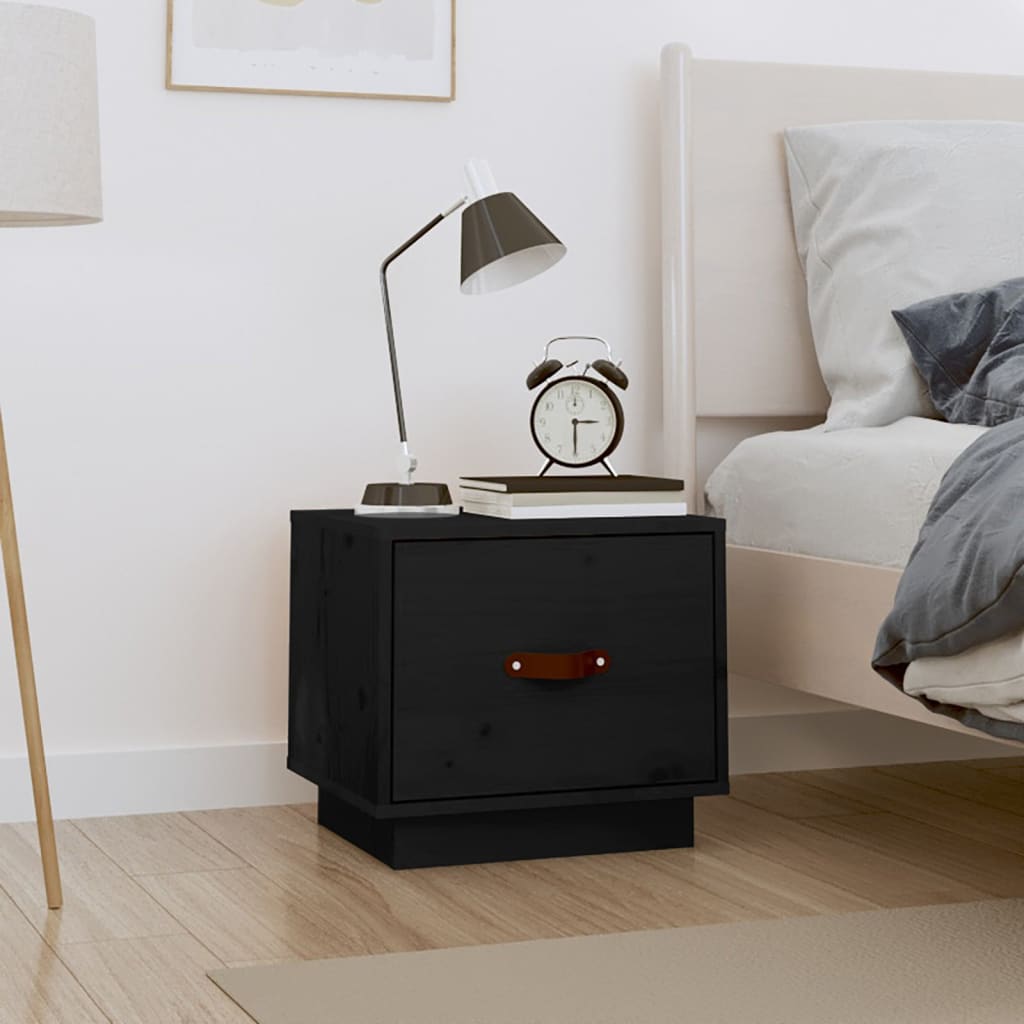 Black Solid Pine Bedside Cabinet 40x34x35 cm - Stylish & Compact