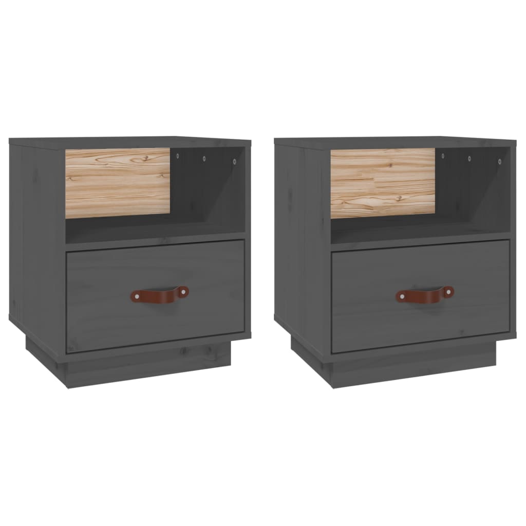 Solid Pine Wood Grey Bedside Cabinets - 2 pcs, 40x34x45 cm