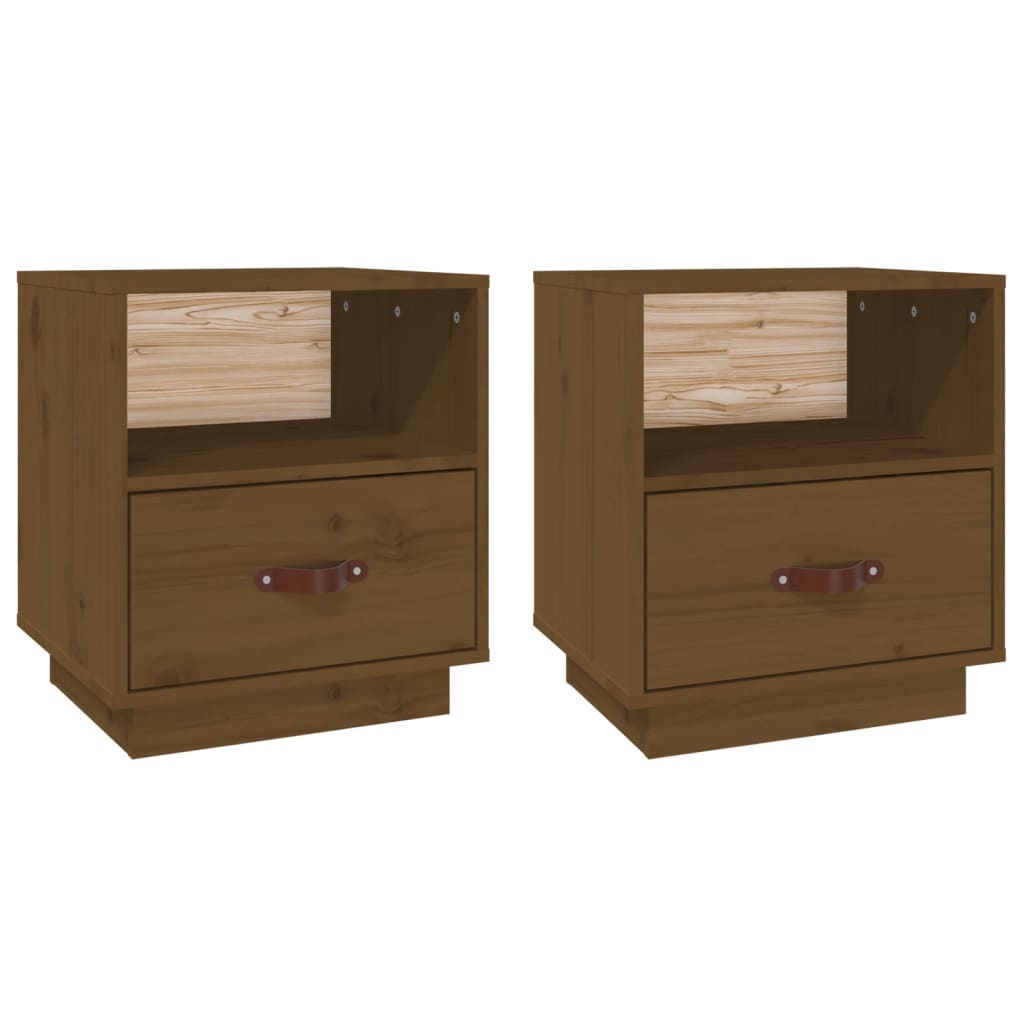 Solid Pine Bedside Cabinets, Honey Brown, Set of 2, 40x34x45 cm