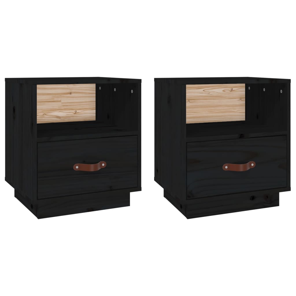 Black Solid Pine Bedside Cabinets Set of 2 - 40x34x45 cm
