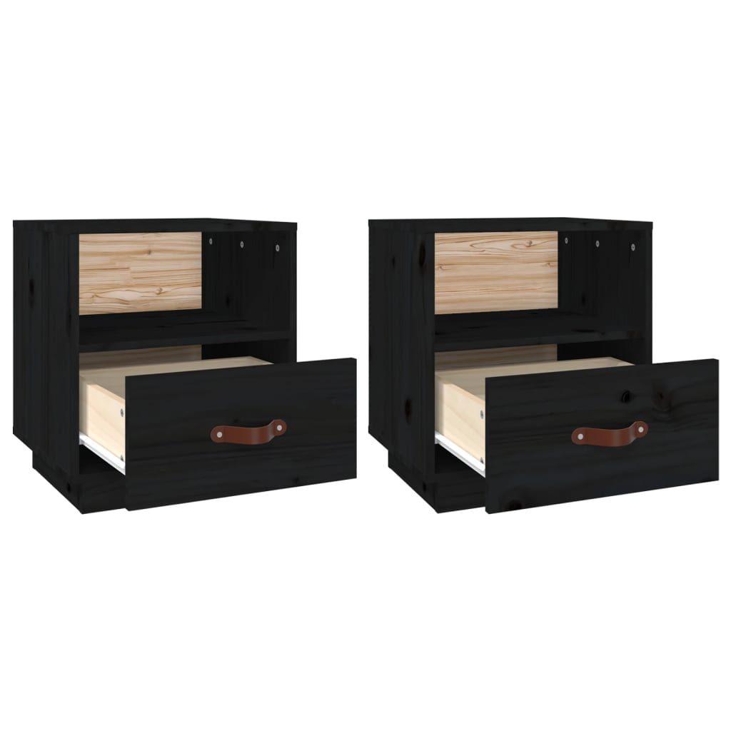 Black Solid Pine Bedside Cabinets Set of 2 - 40x34x45 cm