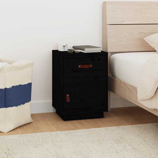 Black Solid Pine Bedside Cabinet, 40x34x55 cm - Stylish & Durable