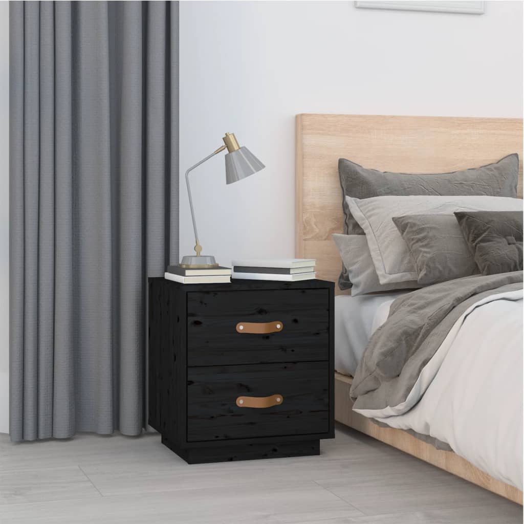 Black Solid Pine Bedside Cabinet 40x34x45 cm - Elegant & Durable
