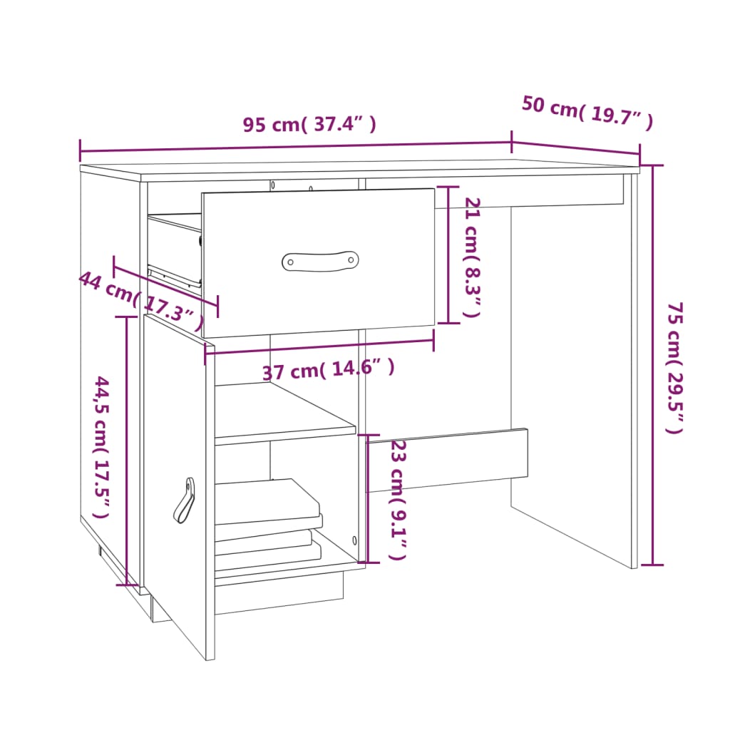 Solid Pine Wood Desk - Black, 95x50x75 cm