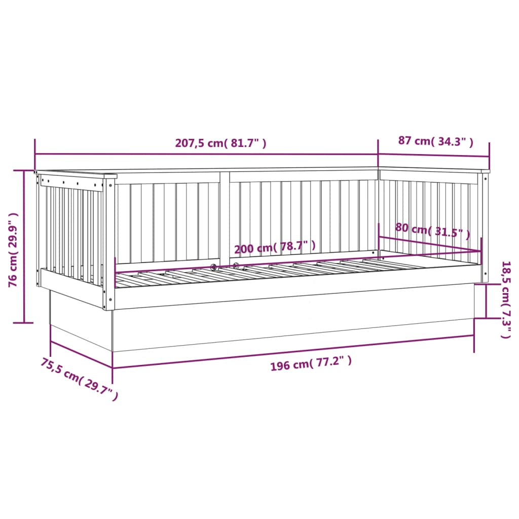 Solid Pine Grey Day Bed Frame 80x200 cm - No Mattress Included