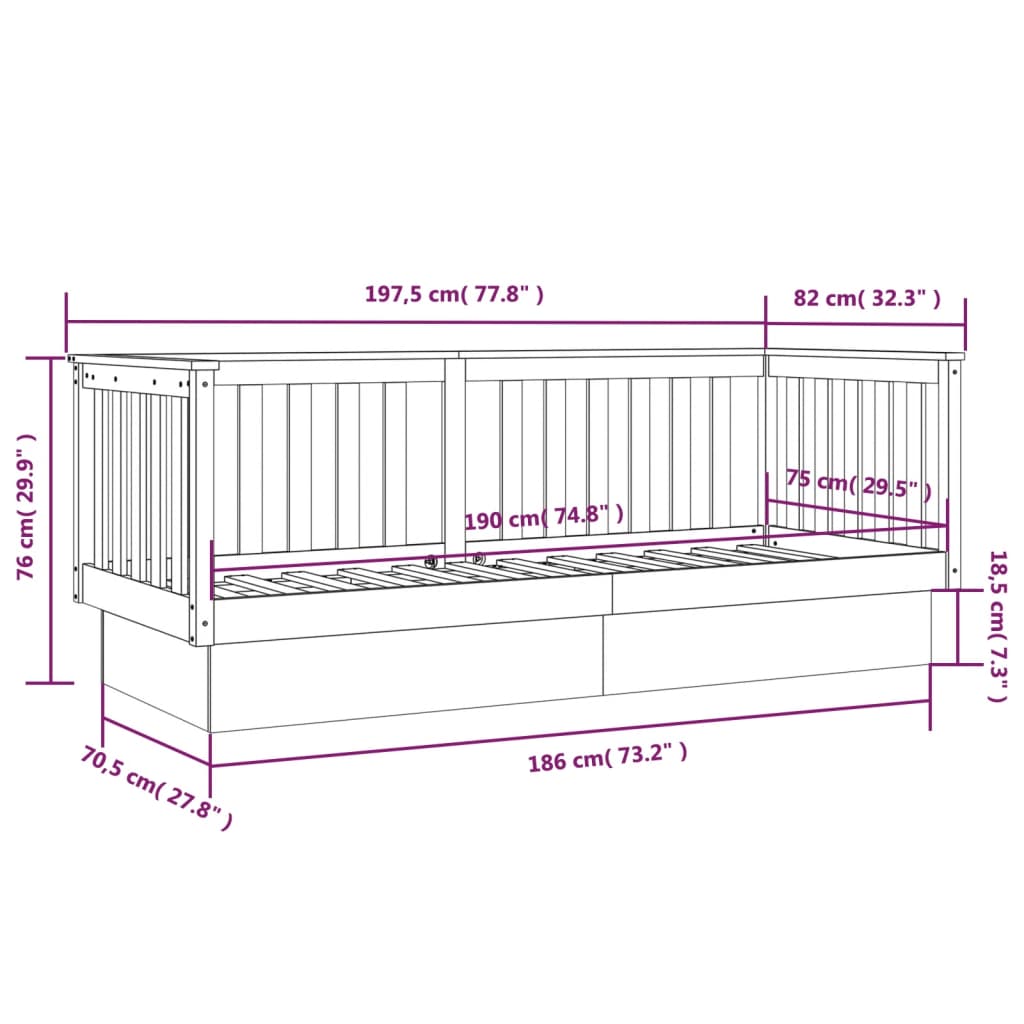 Black Pine Solid Wood Day Bed Frame 75x190 cm - No Mattress