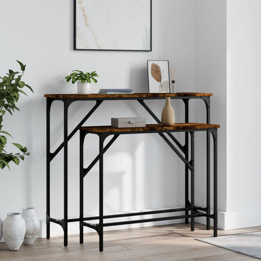 2-Piece Smoked Oak Engineered Wood Console Tables Set