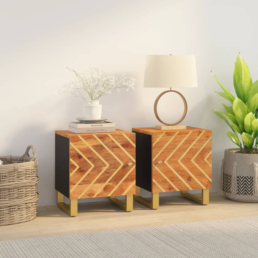 Solid Mango Wood Bedside Cabinets, 2pc Set - Brown & Black
