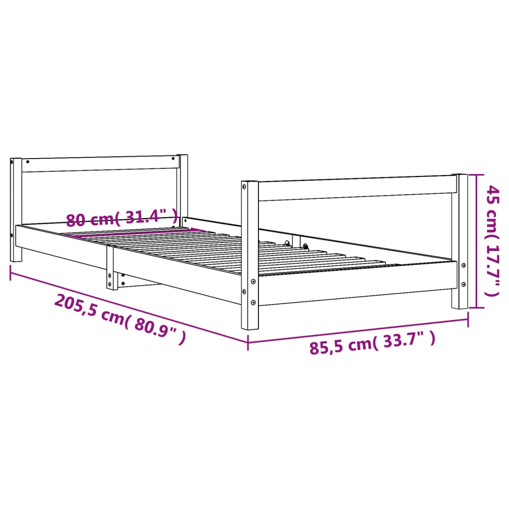 Black Solid Wood Kids Bed Frame 80x200 cm - Pine