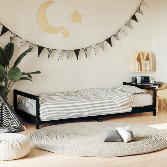 Solid Pine Wood Kids Bed Frame - Black 90x200 cm