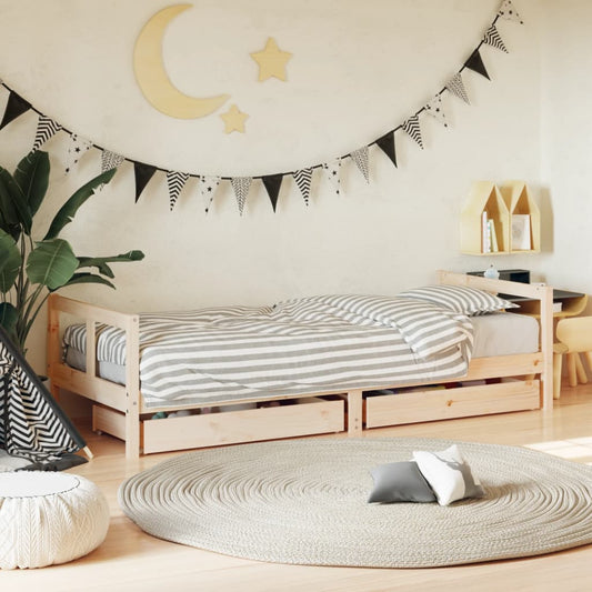 Solid Pine Kids Bed Frame with Drawers 80x200 cm - Natural Wood