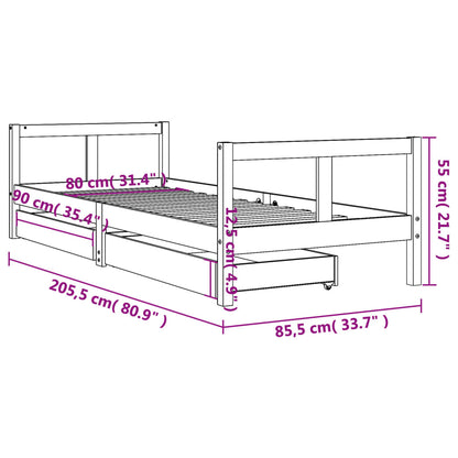 White Solid Pine Kids Bed Frame with Drawers 80x200 cm