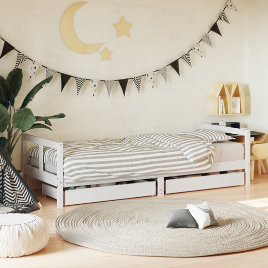 White Solid Pine Kids Bed Frame with Drawers 80x200 cm