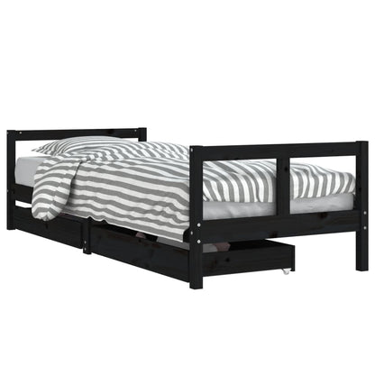 Black Pine Kids Bed Frame with Drawers 80x200 cm | Solid Wood