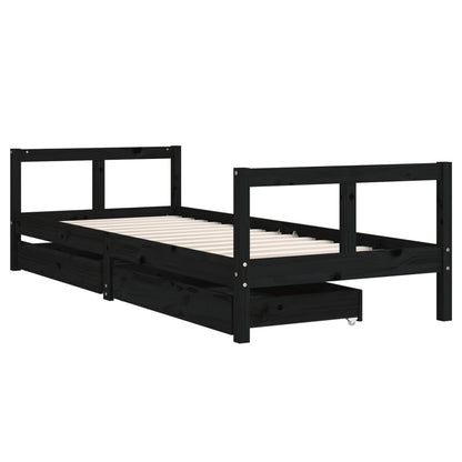 Black Pine Kids Bed Frame with Drawers 80x200 cm | Solid Wood