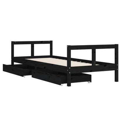 Black Pine Kids Bed Frame with Drawers 80x200 cm | Solid Wood