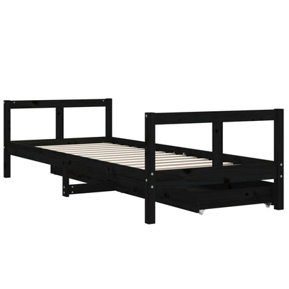 Black Pine Kids Bed Frame with Drawers 80x200 cm | Solid Wood