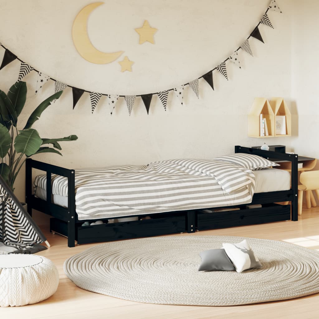 Black Pine Kids Bed Frame with Drawers 80x200 cm | Solid Wood