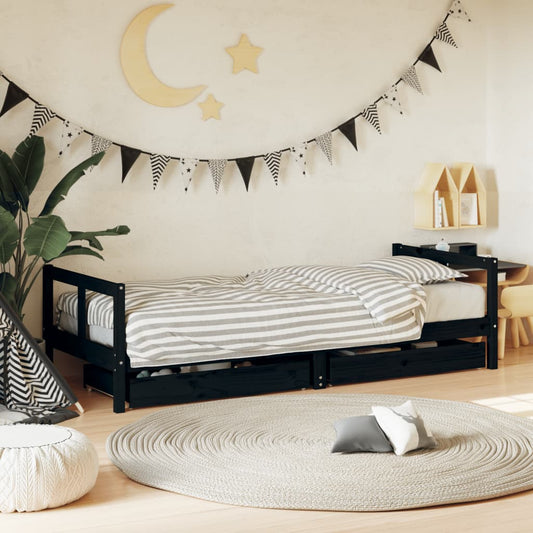 Black Pine Kids Bed Frame with Drawers 80x200 cm | Solid Wood