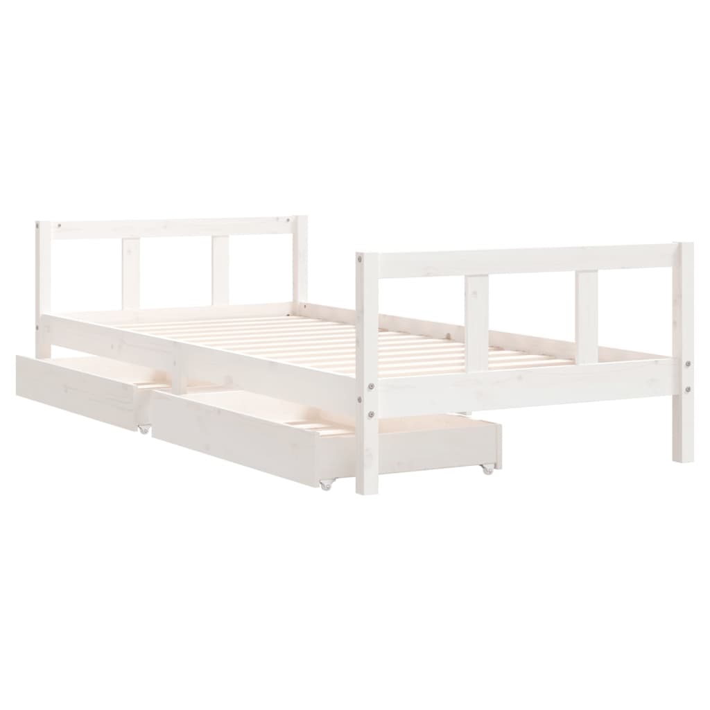 White Solid Pine Kids Bed Frame with Drawers, 90x200 cm