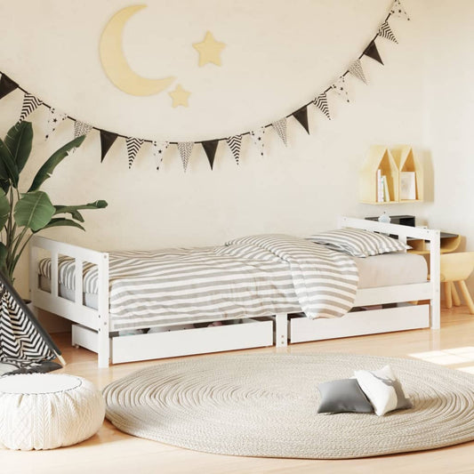 White Solid Pine Kids Bed Frame with Drawers, 90x200 cm
