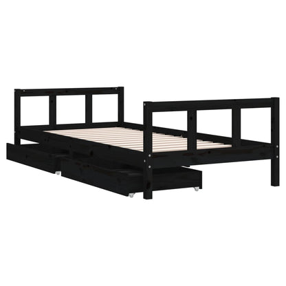 Kids Black Pine Wood Bed Frame with Drawers 90x200 cm