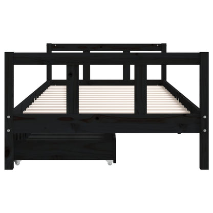 Kids Black Pine Wood Bed Frame with Drawers 90x200 cm