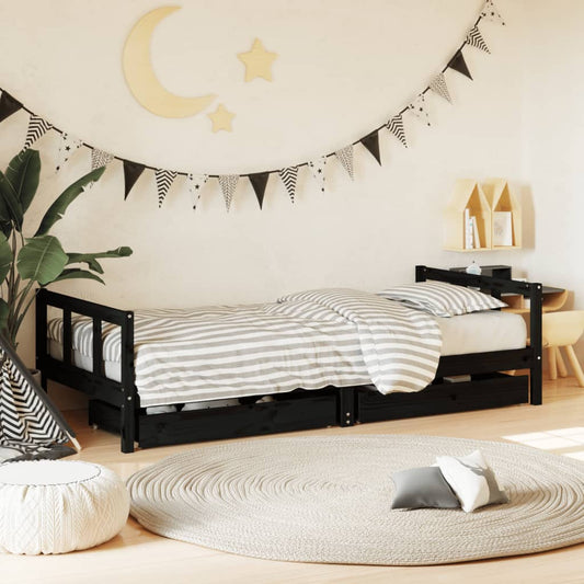 Kids Black Pine Wood Bed Frame with Drawers 90x200 cm