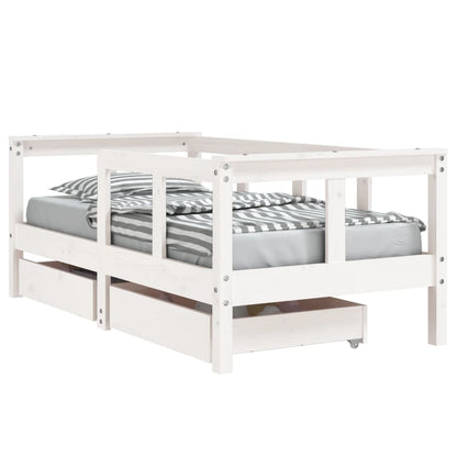White Solid Pine Kids Bed Frame with Drawers, 70x140 cm