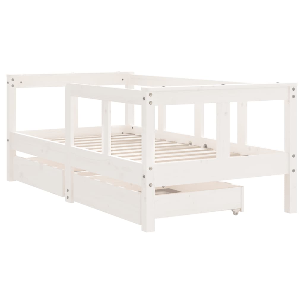 White Solid Pine Kids Bed Frame with Drawers, 70x140 cm